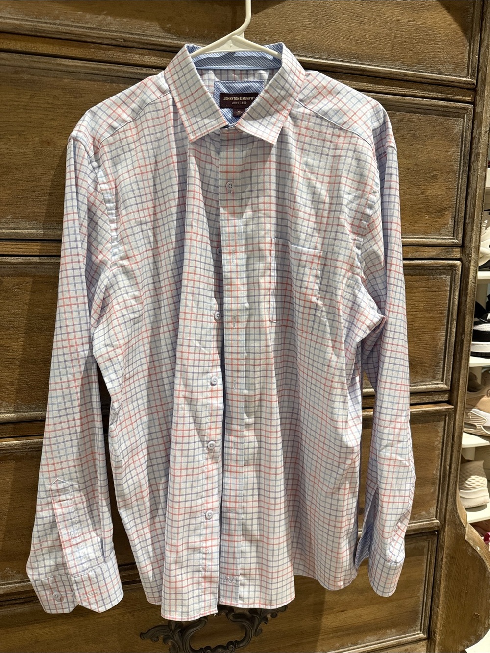 Johnston & Murphy White Dress Shirt with Blue and Red Windowpane